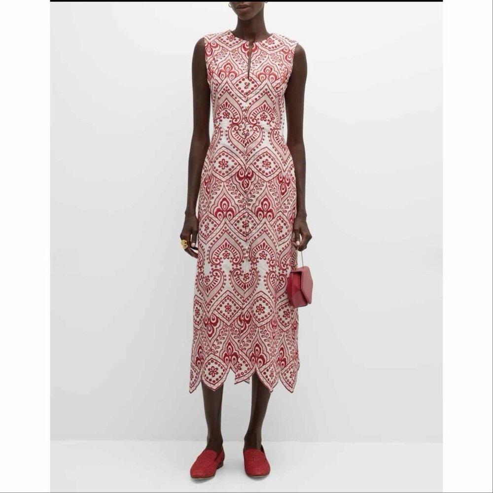 Evi Grintela Athens Carine Sleeveless Embroidered Midi Dress Red White